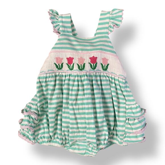 Seven Lantern Lane Babies Floral‎ Striped Bubble Size 6M Pink Green - Picture 1 of 7
